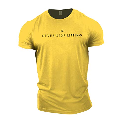 GYMTIER Never Stop Lifting Fitness T Shirt für Herren, Bodybuilding, Training, Training, Lifting, Top, Kleidung, Gelb, S von GYMTIER