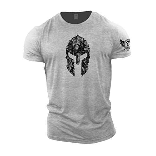 GYMTIER Spartan Helmet Hex Camo – Spartan Gym T-Shirt für Herren Bodybuilding Gewichtheben Strongman Training Top Active Wear Spartan Forged, Grau - Sport Grey, 58 von GYMTIER