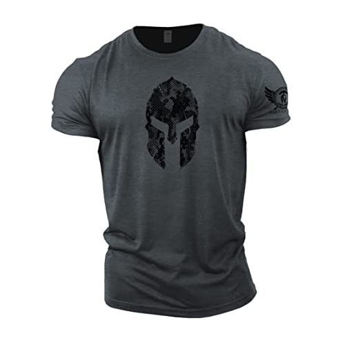 GYMTIER Spartan Forged – Spartan Helm Hex Camo – Herren Gym T-Shirt Bodybuilding Training Workout Lifting Top Kleidung, grau, XL von GYMTIER