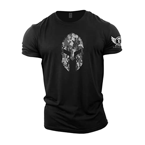 GYMTIER Spartan Helmet Hex Camo Spartan Gym T Shirt für Herren Bodybuilding Gewichtheben Strongman Training Top Active Wear Spartan Forged Schwarz, Größe XXX Large von GYMTIER