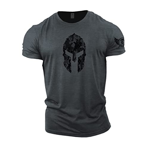 GYMTIER Spartanischer Helm Hex Camo – Spartanisches Fitness-T-Shirt für Herren, Bodybuilding, Gewichtheben, Strongman-Training, Top, Aktivkleidung, spartanisch, geschmiedet, grau, S von GYMTIER