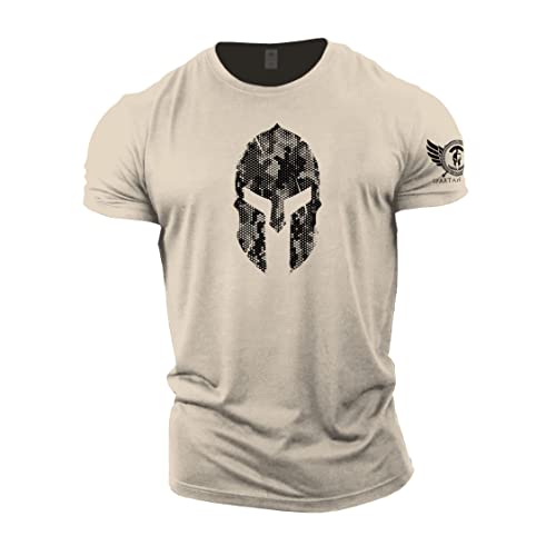 GYMTIER Spartanischer Helm Hex Camo – Spartanisches Fitness-T-Shirt für Herren, Bodybuilding, Gewichtheben, Strongman-Training, Top, Aktivkleidung, spartanisch, geschmiedet, sand, 58 von GYMTIER