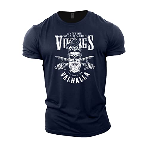 GYMTIER Victory Or Valhalla – Viking Gym T-Shirt für Herren, Bodybuilding, Gewichtheben, Strongman, Training, Top, Activewear, navy, M von GYMTIER