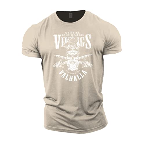 GYMTIER Victory Or Valhalla – Viking Gym T-Shirt für Herren Bodybuilding Gewichtheben Strongman Training Top Active Wear, sand, L von GYMTIER