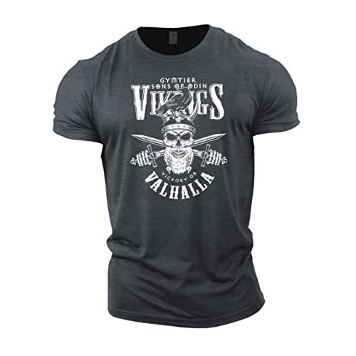 GYMTIER Vikings Victory Or Valhalla – Viking Gym T-Shirt für Herren Bodybuilding Gewichtheben Strongman Training Top Active Wear, grau, S von GYMTIER