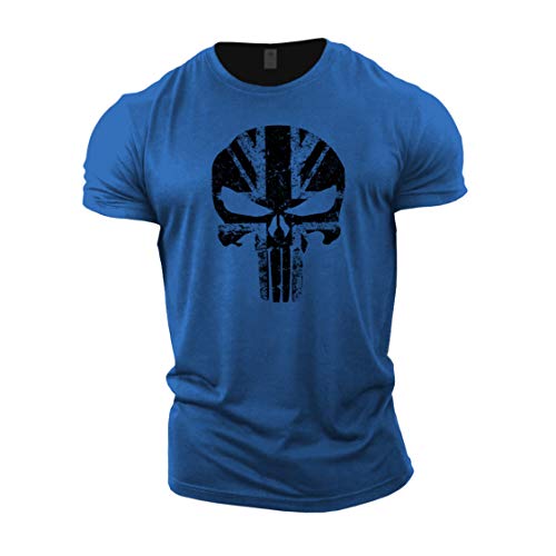 Gymtier, Bodybuilding-T-Shirt für Herren – Schädel mit UK-Flagge – Trainings-Top Gr. XXL, königsblau von GYMTIER