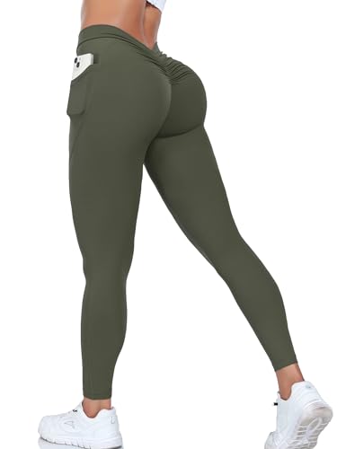 GYMTITAN Scrunch Butt Lifting V Back Leggings für Frauen mit Taschen Buttery Soft Hohe Taille Booty Workout Yoga Hose, Grün , S von GYMTITAN