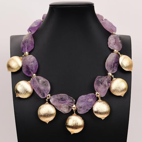 GYQYJPFZM 18" Purple Amethyst Ametrine Rough Necklace Big Gold Brushed Coin Beads Pendant For Women von GYQYJPFZM