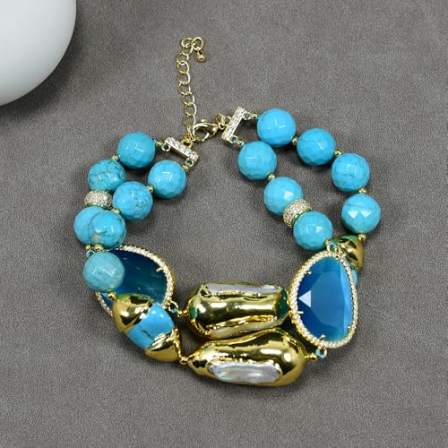 GYQYJPFZM 2 Rows Cultured White Biwa Pearl Blue Faceted Paved Blue Cat eye Necklace Bracelet Sets Women Gifts(Bracelet) von GYQYJPFZM