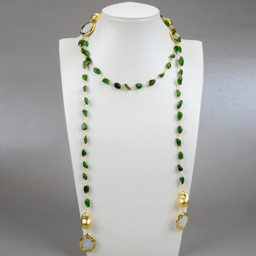 GYQYJPFZM Green Diopside Cultured White Coin Pearl Gold Plated Long Necklace 41" For Women von GYQYJPFZM
