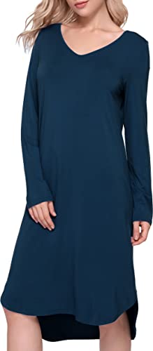 GYS Bambus-Nachthemden für Damen, langärmelig, Schlafhemden, V-Ausschnitt, Nachtwäsche, lässige Loungewear, Nachtkleid, Blau (Ink Blue), 3XL von GYS