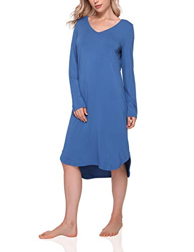 GYS Bambus-Nachthemden für Damen, langärmelig, Schlafhemden, V-Ausschnitt, Nachtwäsche, lässige Loungewear, Nachtkleid, Preußischblau, 3XL von GYS