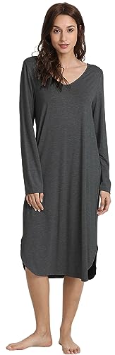 GYS Bambus-Nachthemden für Damen, langärmelig, Schlafhemden, V-Ausschnitt, Nachtwäsche, lässige Loungewear, Nachtkleid, dunkelgrau (Dark Heather Grey), X-Large von GYS