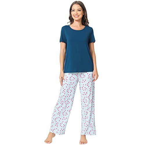 GYS Bambus-Pyjama-Set für Damen, superweich, 2-teilig, Nachtwäsche, kurzärmeliges Oberteil und Hose mit Taschen, Pyjama-Lounge-Sets, C-ink Blau, S von GYS