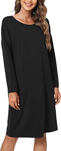 GYS Damen Langarm Nachthemd Bambus Baumwolle Nachthemd Nachtwäsche Weich Stretch Schlafkleid mit Taschen, Schwarz, Medium von GYS