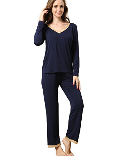 GYS Damen bambus langarm v-ausschnitt pajama pants set Marine Blau Small von GYS