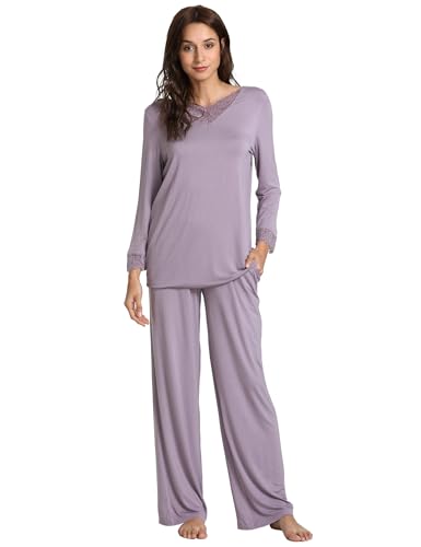 GYS Damen langarm nachtwäsche geschnürt mit v-ausschnitt bambus pajama pants set groß violett von GYS
