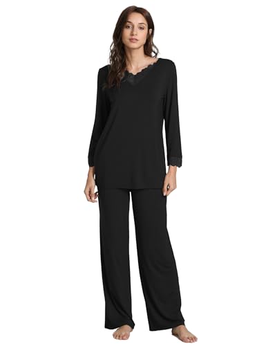 GYS Damen langarm nachtwäsche geschnürt mit v-ausschnitt bambus pajama pants set x-Groß schwarz von GYS