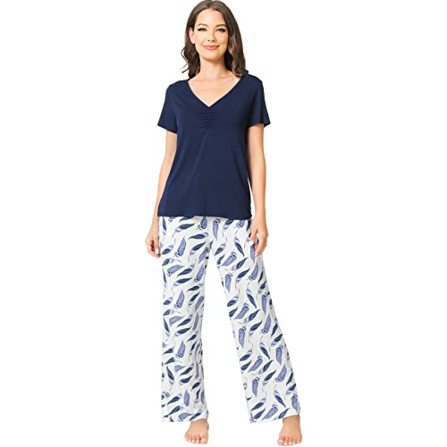 GYS Pyjama-Set für Damen, superweich, 2-teilig, Nachtwäsche, kurzärmeliges Oberteil und Hose, Pyjama, Lounge-Sets, Viskose aus Bambus, B-navy, S von GYS