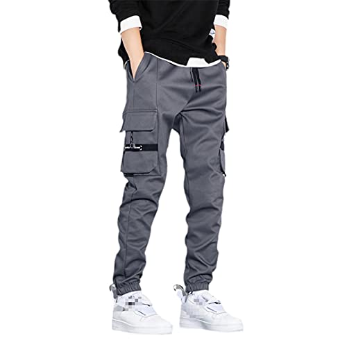 GYSAFJ Herren Cargohose solide Seitentaschen Jogger Militär Hose Streetwear Hose, Gray Cargo Pants, Mittel von GYSAFJ