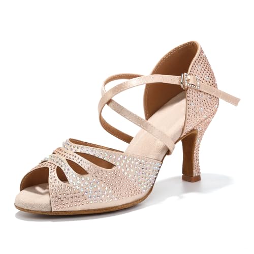 GYUBL Damen Latein Tanzschuhe mit Strass Silber Peep Toe Ballsaal Professionelle Salsa Tanzschuhe, Hautfarben, 35.5 EU von GYUBL
