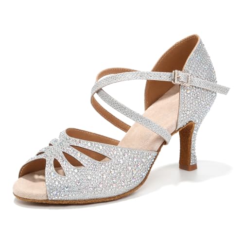 GYUBL Damen Latein Tanzschuhe mit Strass Silber Peep Toe Ballsaal Professionelle Salsa Tanzschuhe, silber, 38.5 EU von GYUBL