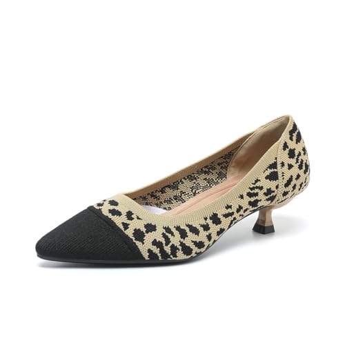 GYUBL Damen Pumps Kitten Absatz Niedriger Absatz Slip On Kleiderschuhe Geschlossene Spitze Zehen Hochzeitsschuhe Prom Party,1506-Leoparden,EU38 von GYUBL