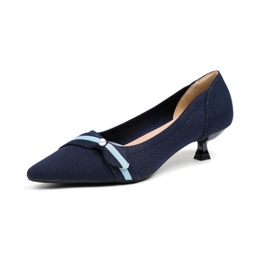 GYUBL Damen Pumps Kitten Absatz Niedriger Absatz Slip On Kleiderschuhe Geschlossene Spitze Zehen Hochzeitsschuhe Prom Party,1507-1-Blau,EU35 von GYUBL