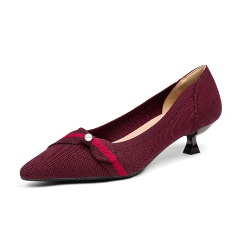 GYUBL Damen Pumps Kitten Absatz Niedriger Absatz Slip On Kleiderschuhe Geschlossene Spitze Zehen Hochzeitsschuhe Prom Party,1507-1-Rot,EU38 von GYUBL
