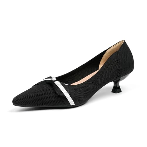 GYUBL Damen Pumps Kitten Absatz Niedriger Absatz Slip On Kleiderschuhe Geschlossene Spitze Zehen Hochzeitsschuhe Prom Party,1507-1-Schwarz,EU37.5 von GYUBL
