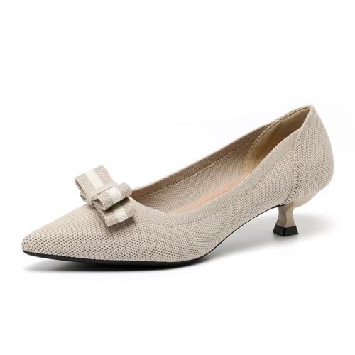 GYUBL Damen Pumps Kitten Absatz Niedriger Absatz Slip On Kleiderschuhe Geschlossene Spitze Zehen Hochzeitsschuhe Prom Party,1507-2-Beige,EU40 von GYUBL