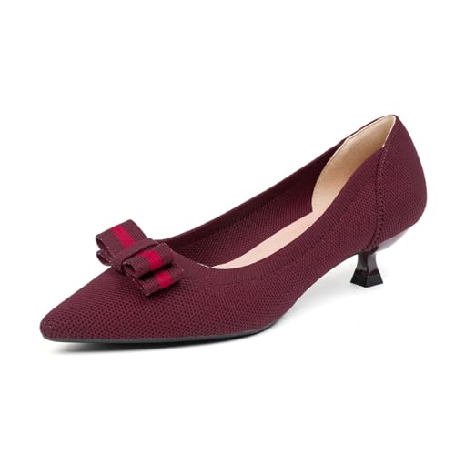 GYUBL Damen Pumps Kitten Absatz Niedriger Absatz Slip On Kleiderschuhe Geschlossene Spitze Zehen Hochzeitsschuhe Prom Party,1507-2-Rot,EU38.5 von GYUBL