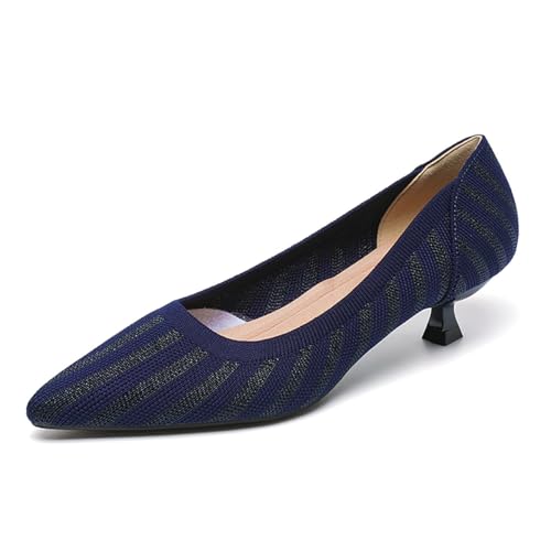 GYUBL Damen Pumps Kitten Absatz Niedriger Absatz Slip On Kleiderschuhe Geschlossene Spitze Zehen Hochzeitsschuhe Prom Party,1507-3-Blau,EU37.5 von GYUBL