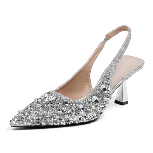 GYUBL Damen Pumps Kitten Absatz Slingback Pumps Spitzenschuhe Slip On Kleiderschuhe Geschlossene Hochzeitsschuhe Prom Party,088-1-Silber,EU37 von GYUBL