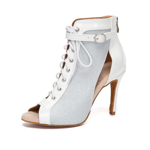 GYUBL Frauen Latin Tänzerschuhe Offener Zeh Velursohle, seitliches Netzpanel mit Reißverschluss und Schnürung für Salsa Cha-Cha und Rumba,Modèle YCL658,Weiß,EU40 von GYUBL
