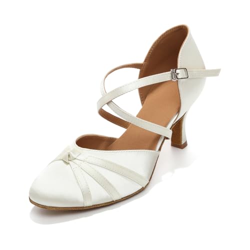 GYUBL Tanzschuhe Damen Ballroom Latein Salsa Geschlossen Tango Walzer Abend Party Schuhe 7,5 cm Absatz Wildledersohle Weiß, 38 EU von GYUBL