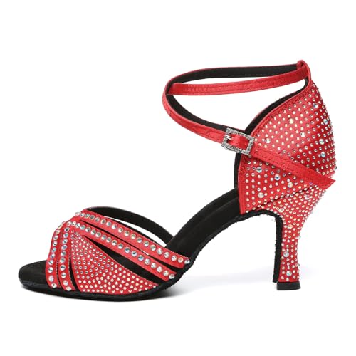 GYUBL Tanzschuhe Damen Latein Strass Absatz Glitzer Offen Professionell Salsa Tango Bachata Party Hochzeit Ballsaal Tanz Schuhe,L640-Rot-7.5,EU42 von GYUBL