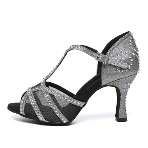 GYUBL Tanzschuhe Damen Latein Strass Absatz Glitzer Offen Professionell Salsa Tango Bachata Party Hochzeit Ballsaal Tanz Schuhe,L641-Grau-8.5,EU39 von GYUBL