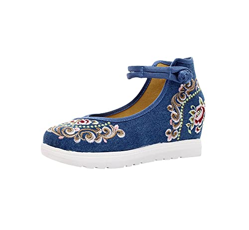 High-End-Damenschuhe mit Blumenstickerei, flache Plattformen, mittelhoher Knöchelriemen, chinesischer Stil, Denim-Schuhe, blau, 40 EU von GYXHPTD