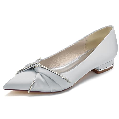 GYYZAYH Ballerinas für Damen Hochzeitsschuhe Spitze Satin Brautkleid Ballerinas Abend Abschlussball Party Pumps,Silber,42 EU von GYYZAYH