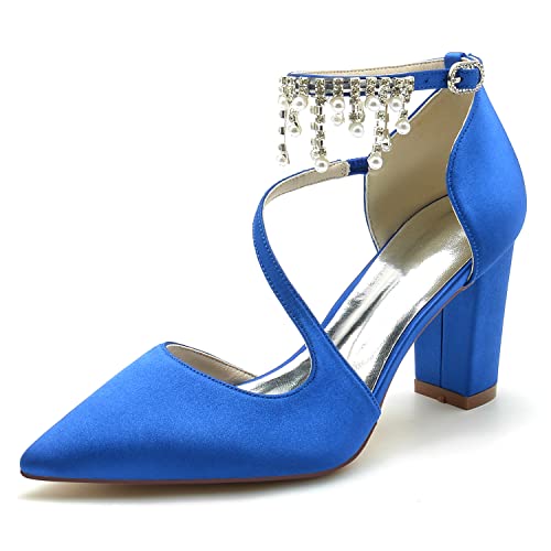 GYYZAYH Damen Chunky Heel Satin Brautschuhe Geschlossen Spitz Spitze Brautkleid Pumps Knöchelriemen Prom Abend Party Schuhe,Blau,38 EU von GYYZAYH