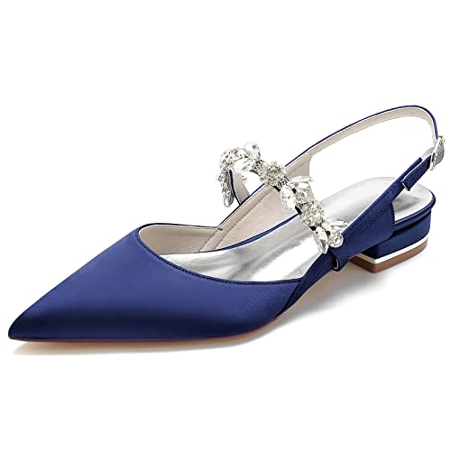 GYYZAYH Damen Geschlossene Zehen Satin Hochzeitsschuhe Für Braut Slingback Ballerinas Schuhe Abend Formelle Pumps Schuhe,Marine,37 EU von GYYZAYH