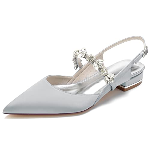 GYYZAYH Damen Geschlossene Zehen Satin Hochzeitsschuhe Für Braut Slingback Ballerinas Schuhe Abend Formelle Pumps Schuhe,Silber,37 EU von GYYZAYH