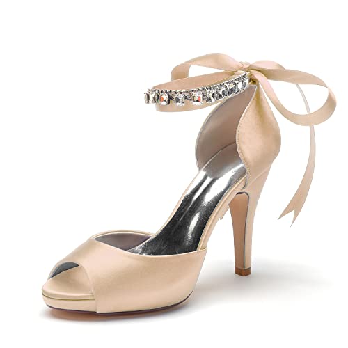 GYYZAYH Damen Knöchelriemen High Heels Elegante Sandalen Satin Peep Toe Pumps mit Band Hochzeitsfeier Abschlussballschuhe.,Champagne,38 EU von GYYZAYH