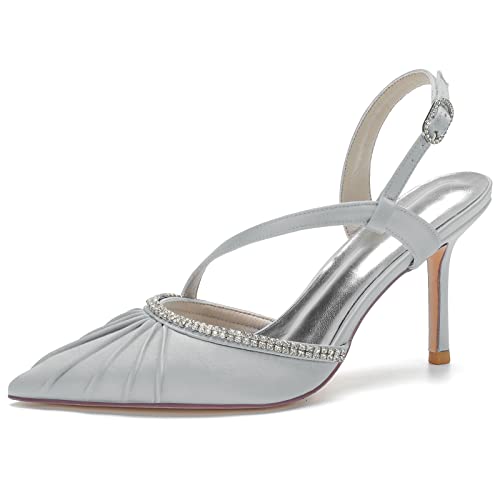 GYYZAYH Damen Knöchelriemen Schnalle Heels Kleid Schuhe Satin Geschlossen Spitze Brautschuhe Sexy Brautkleid Schuhe,Silber,38 EU von GYYZAYH