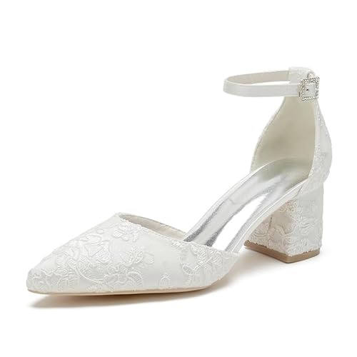 GYYZAYH Damen Lace Satin Hochzeit Schuhe Low Chunky Heel Braut Pumps Knöchel Strap Kleid Schuhe mit Bukle Abend Party Schuhe,Weiß,35 EU von GYYZAYH