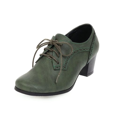 GYYZAYH Damen Lace - Up Round Toe Schuhe 5cm Blockabsatz, Kunstleder Büroschuhe 4 - Farboptionen,Grün,35 EU von GYYZAYH