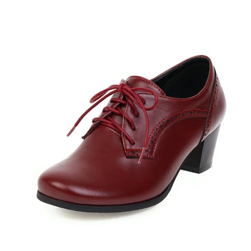 GYYZAYH Damen Lace - Up Round Toe Schuhe 5cm Blockabsatz, Kunstleder Büroschuhe 4 - Farboptionen,Rot,34 EU von GYYZAYH