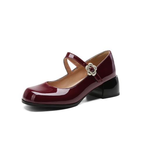 GYYZAYH Damen Lackleder Mary Jane Pumps Mid Block Heel Kleid Schuhe Knöchelriemen Quadratische Zehenpartie Arbeitsschuhe mit Schnalle,Burgundy,45 EU von GYYZAYH