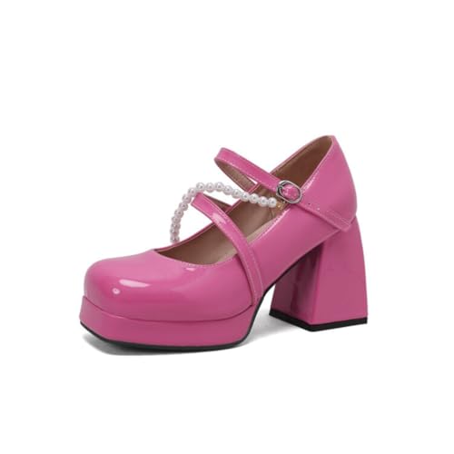 GYYZAYH Damen Lackleder Quadratische Zehe Mary Janes Chunky Heel Knöchelriemen Hofschuhe Lolita Kleid Schuhe Plateau Pumps,Fuchsia,38 EU von GYYZAYH